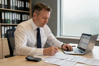 Comptable analysant des bilans financiers pour calculer l'acompte d'impôt sur les sociétés