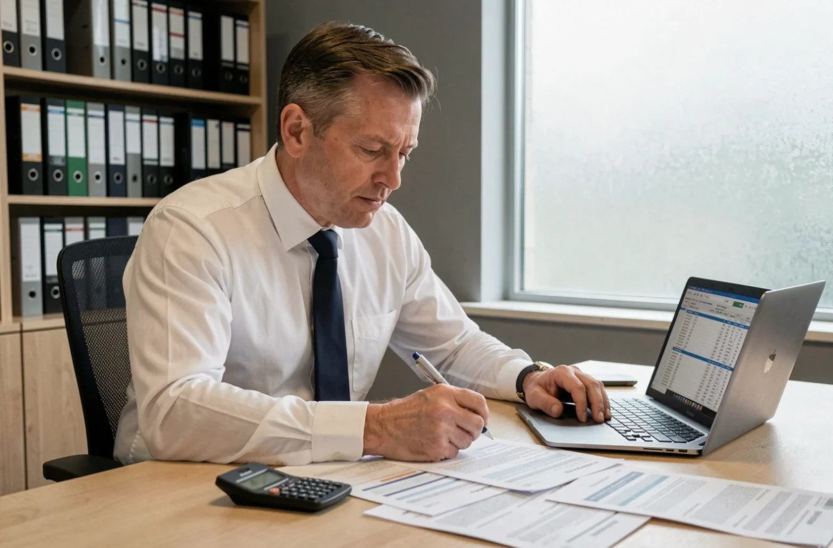 Comptable analysant des bilans financiers pour calculer l'acompte d'impôt sur les sociétés