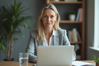 Femme en blazer gris connectée à son espace bancaire Société Générale depuis un bureau à domicile