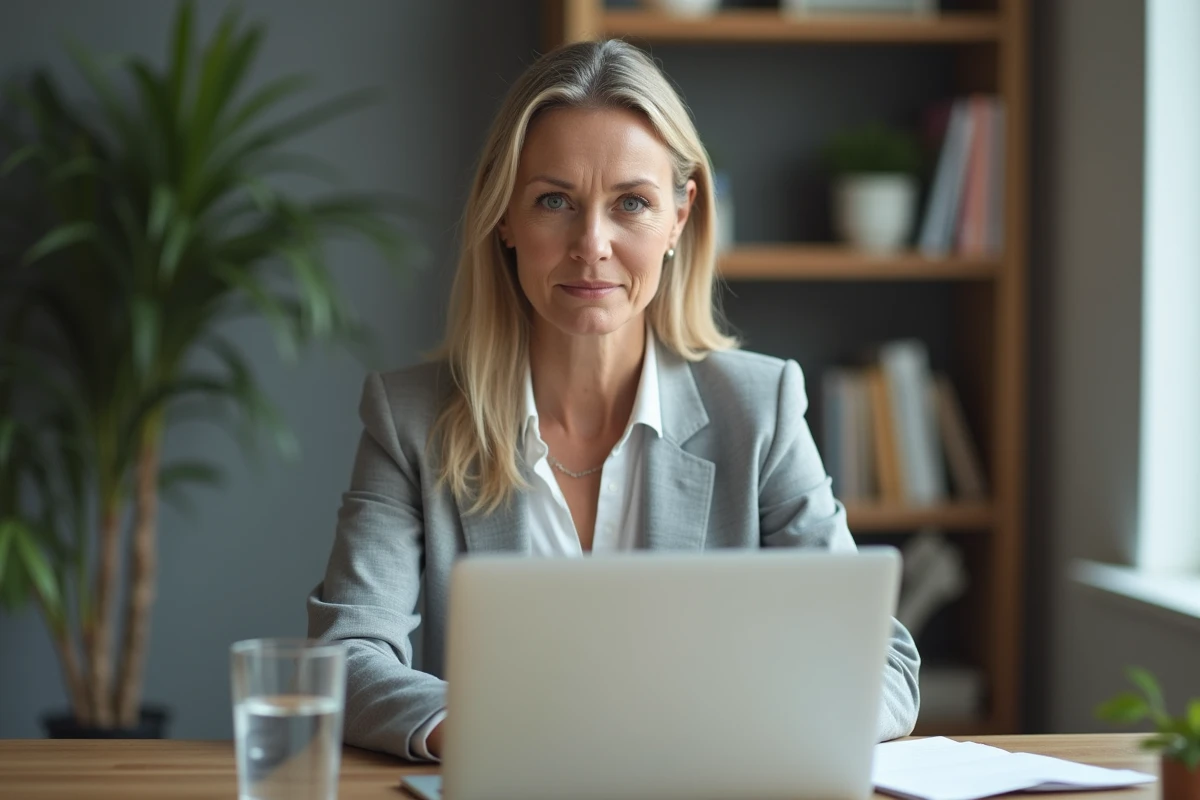 Femme en blazer gris connectée à son espace bancaire Société Générale depuis un bureau à domicile