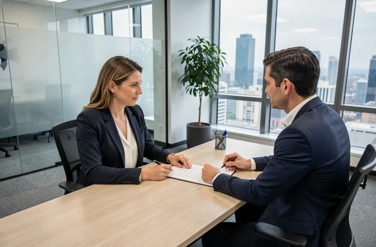 Femme consultant un conseiller fiscal dans un bureau moderne pour comprendre le calcul de l'impôt sur le revenu