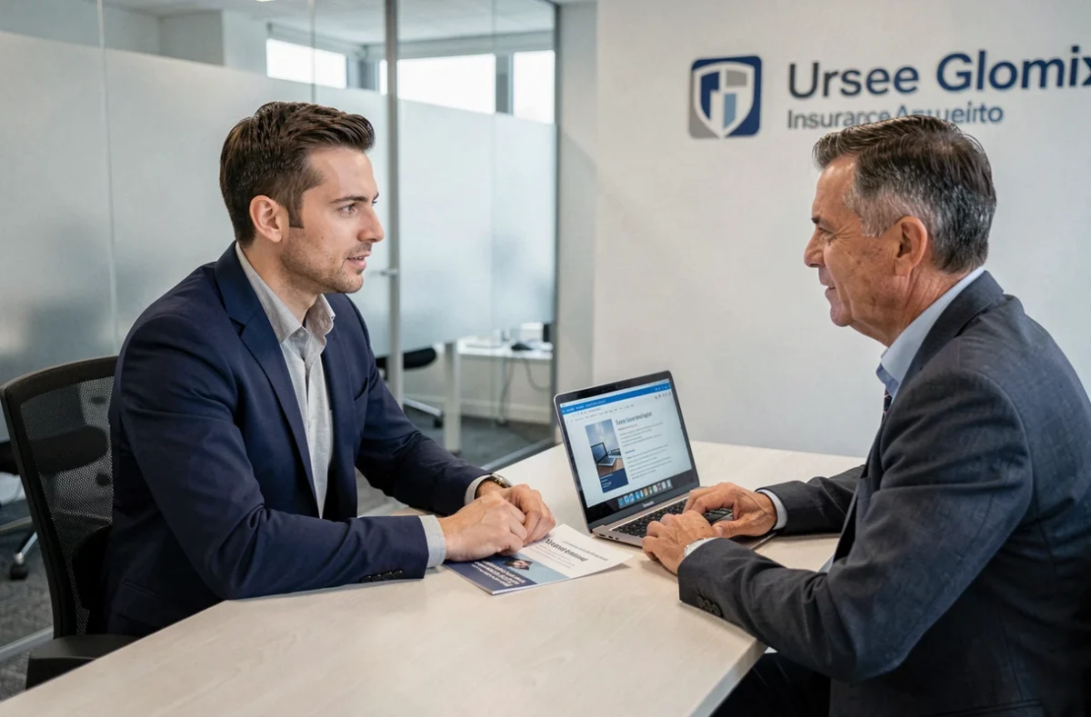 Conseiller en assurance présentant une offre d'assurance scolaire à un père de famille dans un bureau professionnel