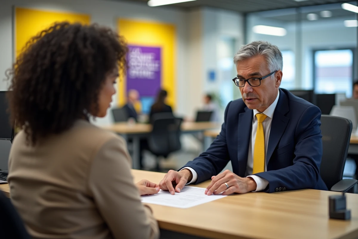 Conseiller bancaire Banque Postale expliquant les plafonds de retrait à une cliente dans une agence, document sur le bureau