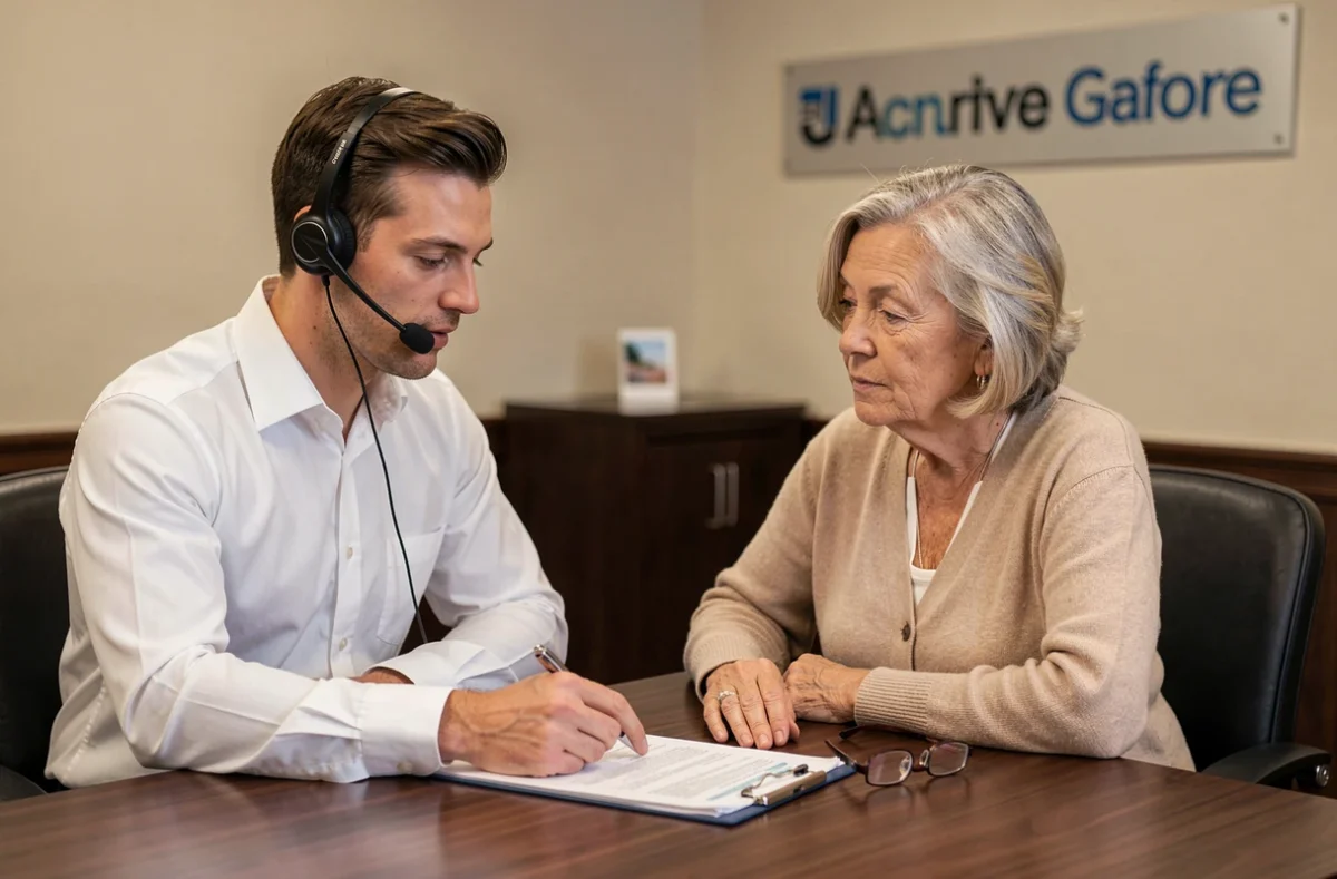 Conseiller de service client expliquant les clauses d'un contrat de bail à une cliente dans une agence financière, aidant à éviter les erreurs fréquentes liées aux contrats Cofica Bail