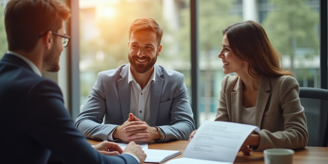 Conseiller financier rencontrant un couple dans un bureau moderne