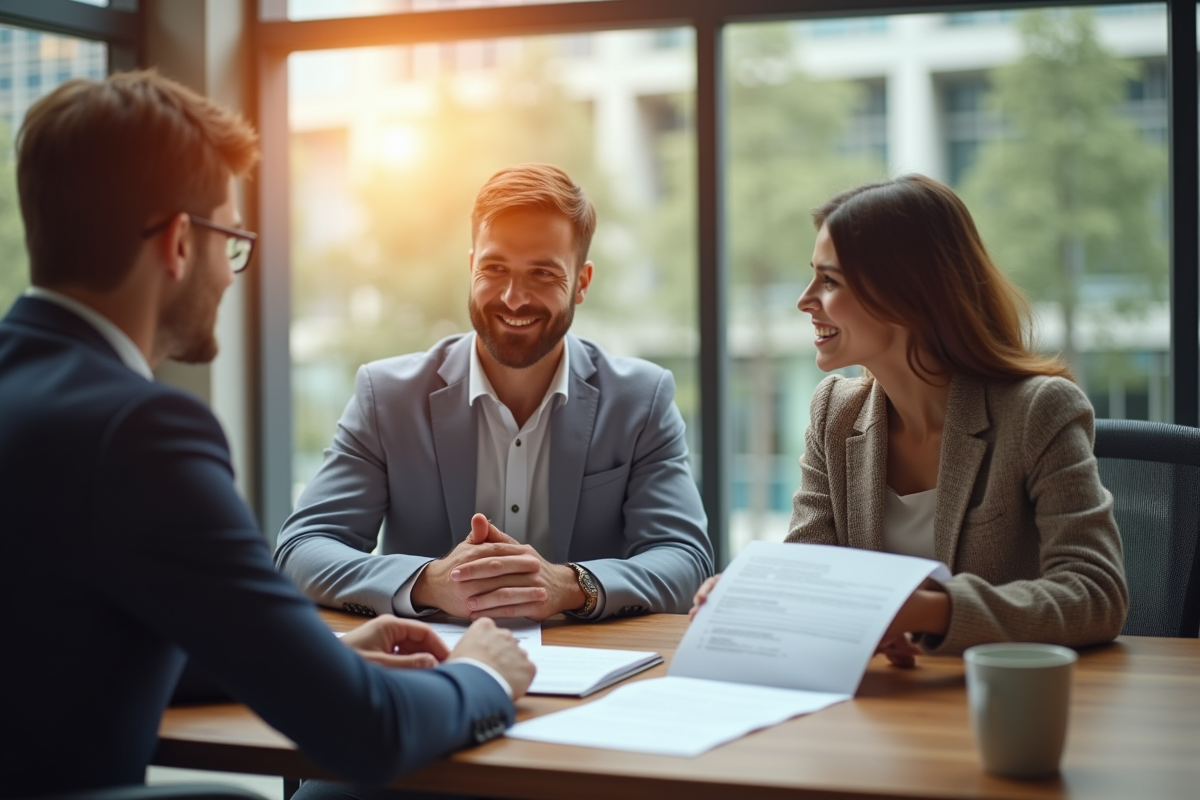 Conseiller financier rencontrant un couple dans un bureau moderne
