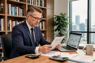 Conseiller financier analysant des tableaux de rentabilité et une stratégie patrimoniale sur ordinateur portable dans un bureau moderne