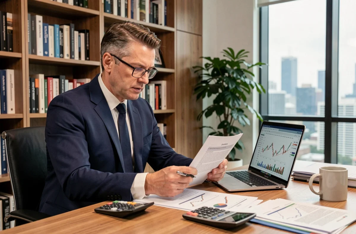 Conseiller financier analysant des tableaux de rentabilité et une stratégie patrimoniale sur ordinateur portable dans un bureau moderne