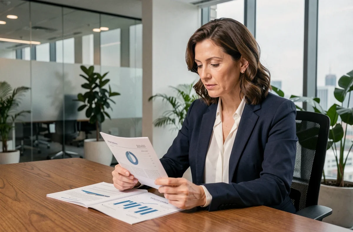 Conseillère financière analysant des documents sur les SCI et SCPI en assurance vie dans un bureau moderne