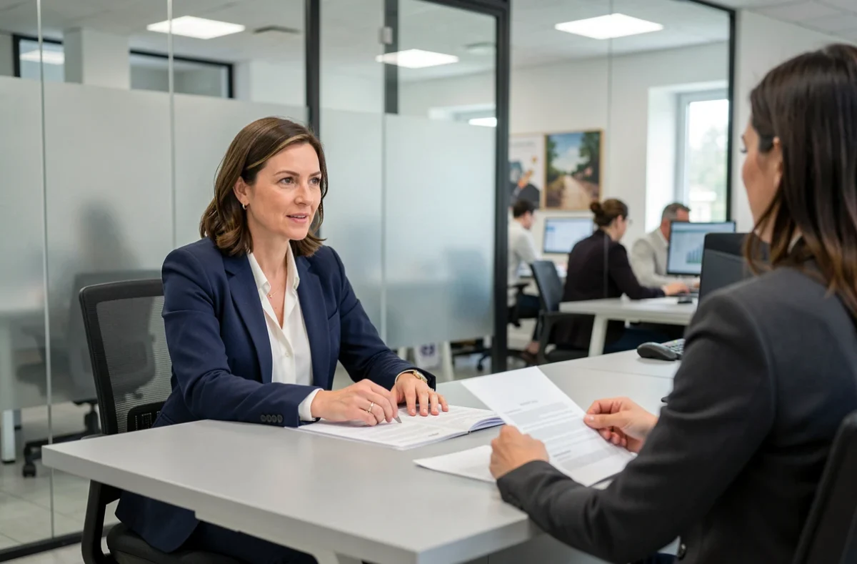 Femme consultant un conseiller bancaire pour sortir de l'interdit bancaire dans une agence moderne