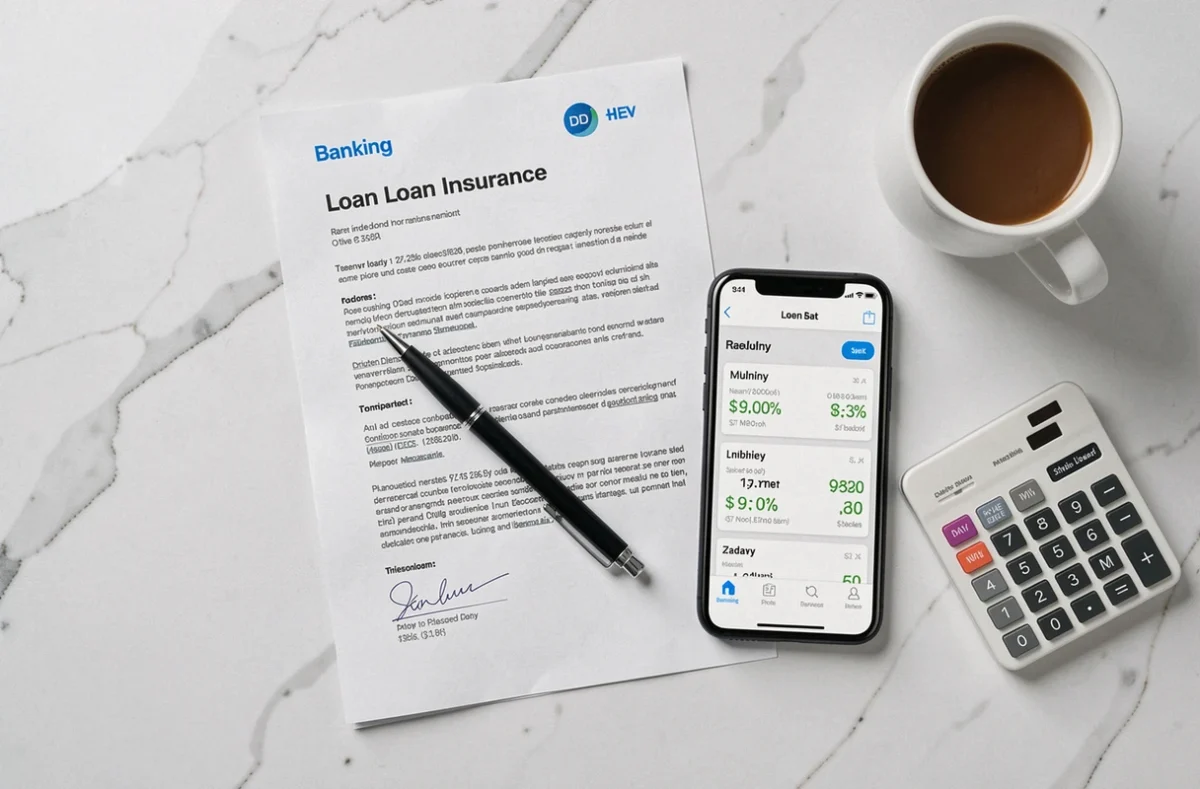 Vue du dessus d'un contrat d'assurance emprunteur avec calculatrice et smartphone sur bureau