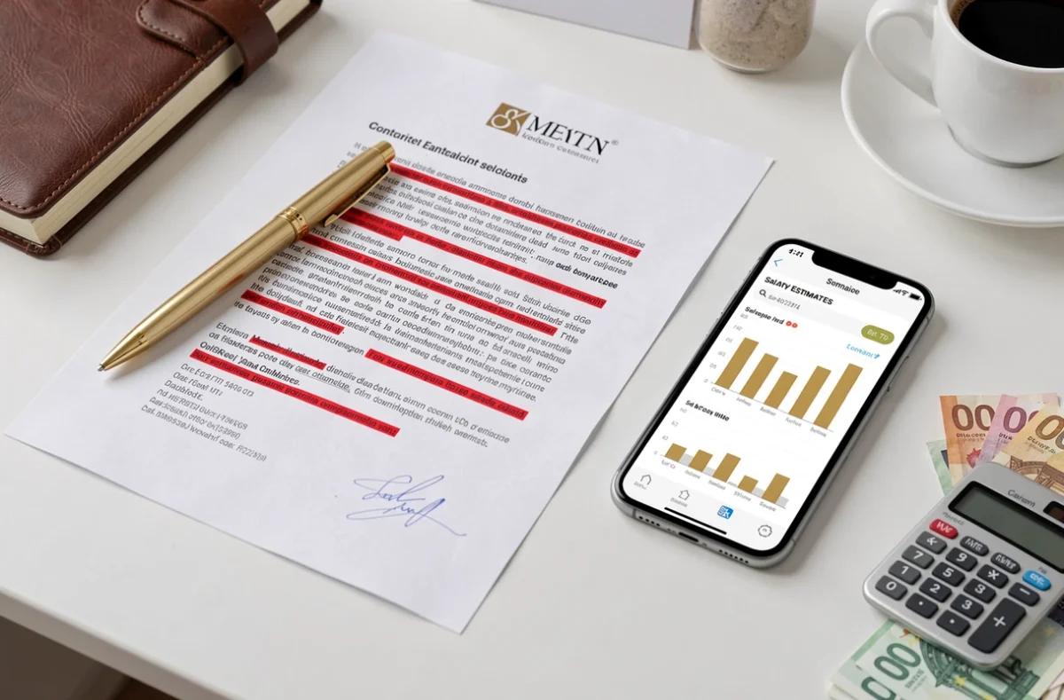 Vue aérienne d'un bureau avec contrat, billets d'euros, calculatrice et graphique de salaire sur smartphone illustrant les estimations de rémunération