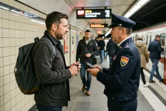 Voyageur face à un contrôleur RATP dans le métro parisien tenant un terminal de verbalisation