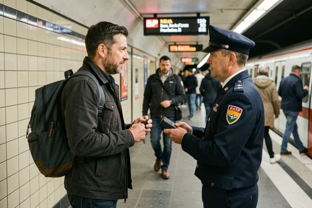 Voyageur face à un contrôleur RATP dans le métro parisien tenant un terminal de verbalisation