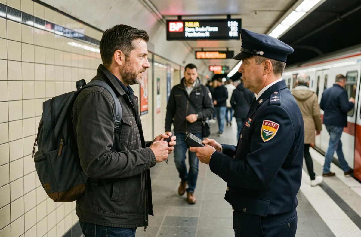 Voyageur face à un contrôleur RATP dans le métro parisien tenant un terminal de verbalisation