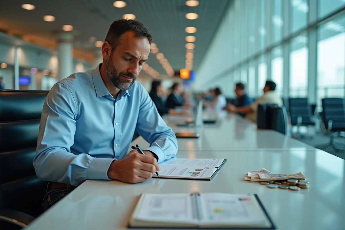 Homme prenant des notes de conversion dirhams en euros dans un aéroport avec billets et pièces posés sur un bureau