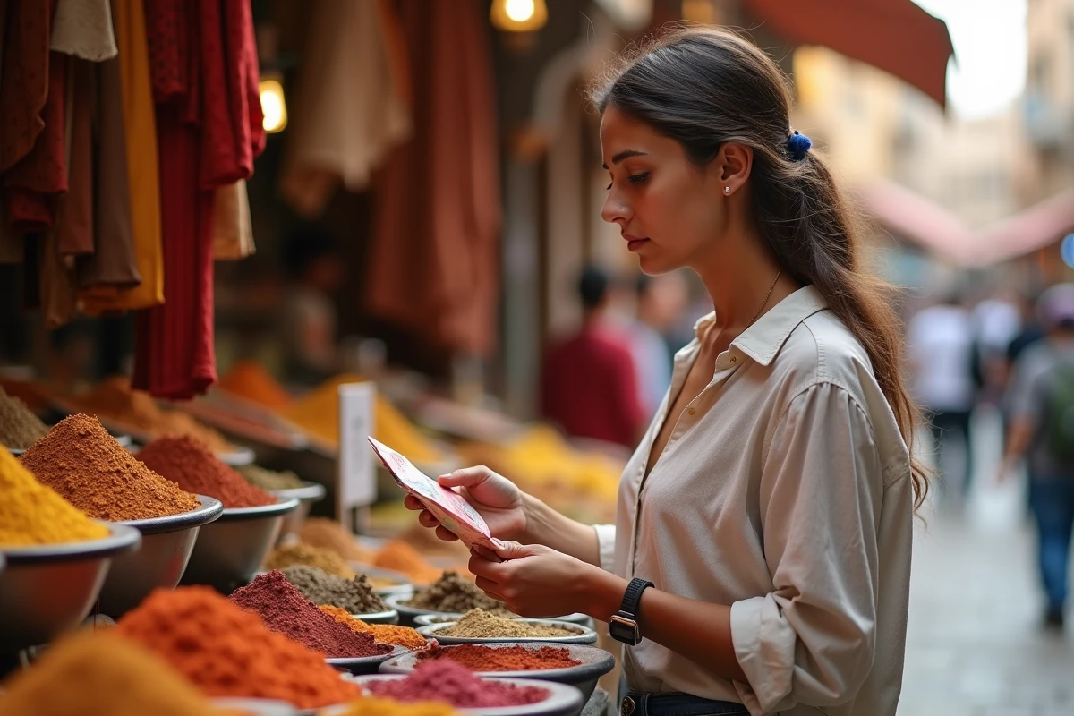 Femme comptant des dirhams marocains dans un souk pour estimer l'équivalent en euros sans application mobile
