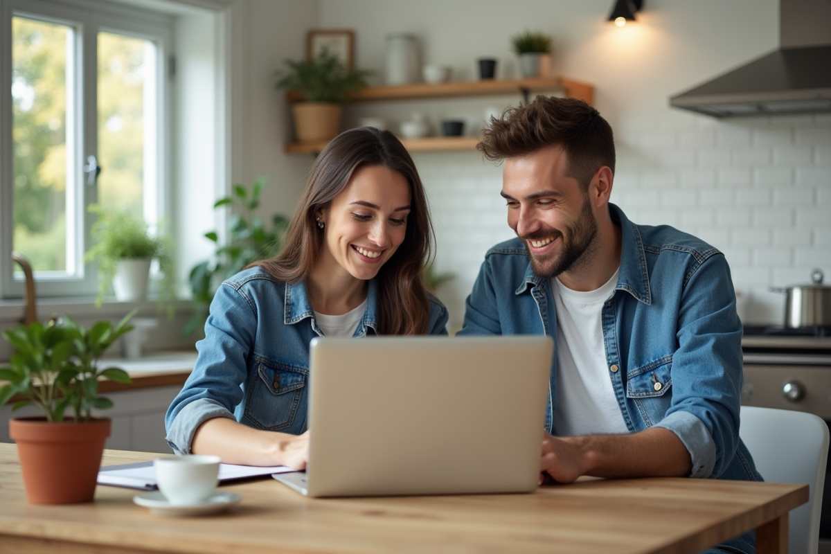 Jeune couple souriant lors de la demande de pret immobilier