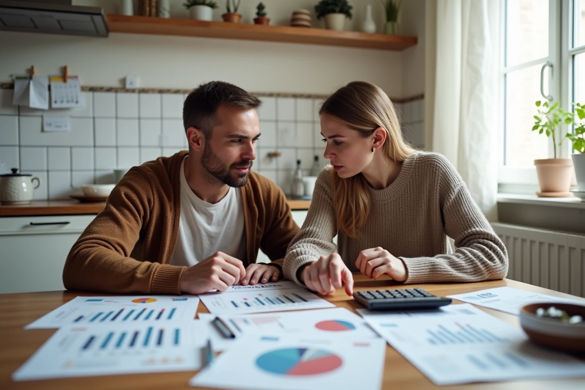 Couple discutant de leur budget familial face aux prévisions d'inflation INSEE 2026 dans une cuisine