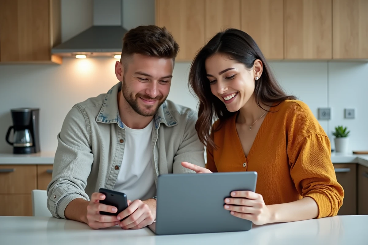 Couple comparant l'application mobile et le site web de la Société Générale sur smartphone et tablette à domicile