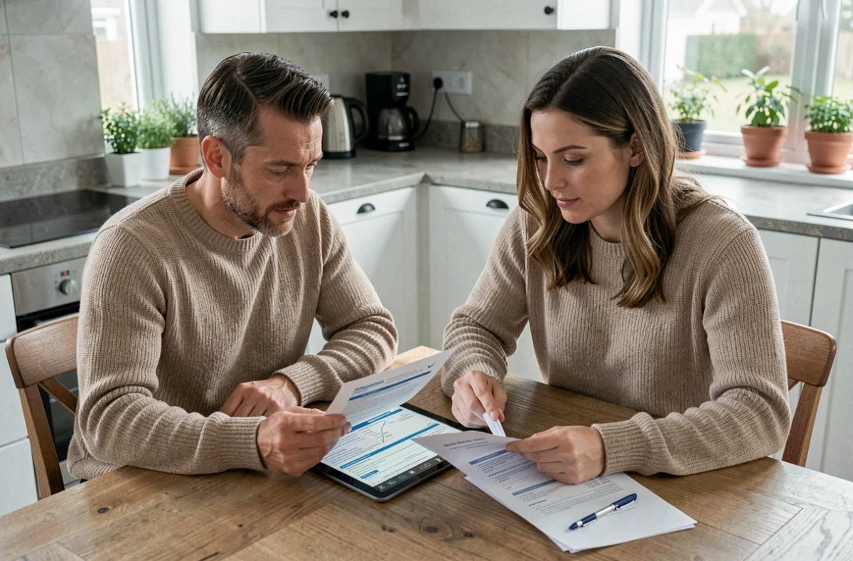 Couple comparant des devis d'assurance emprunteur sur tablette et documents papier dans une cuisine moderne