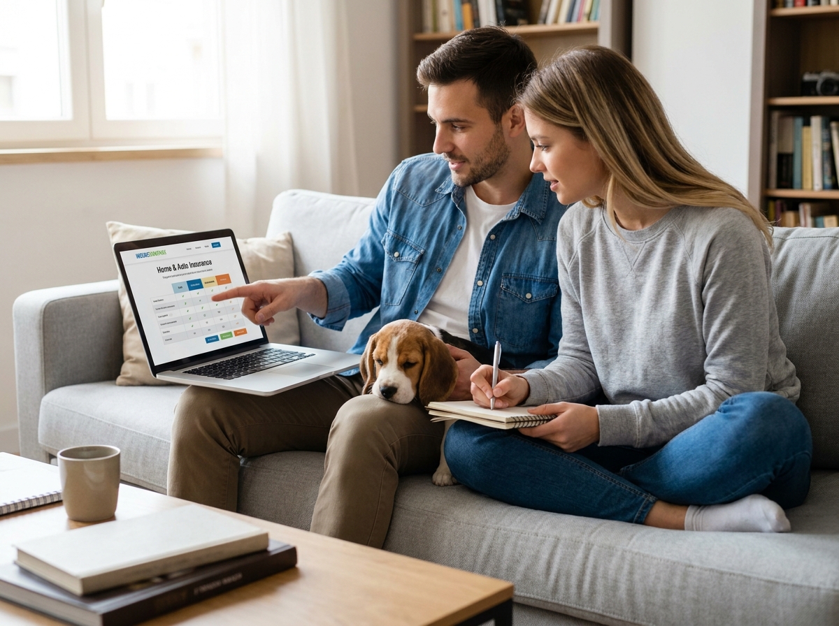 Couple comparant des contrats de mutuelle animale sur un ordinateur portable avec leur chiot beagle dans leur salon