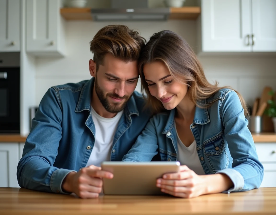 Couple étudiant les taux bancaires sur une tablette numérique dans une cuisine moderne