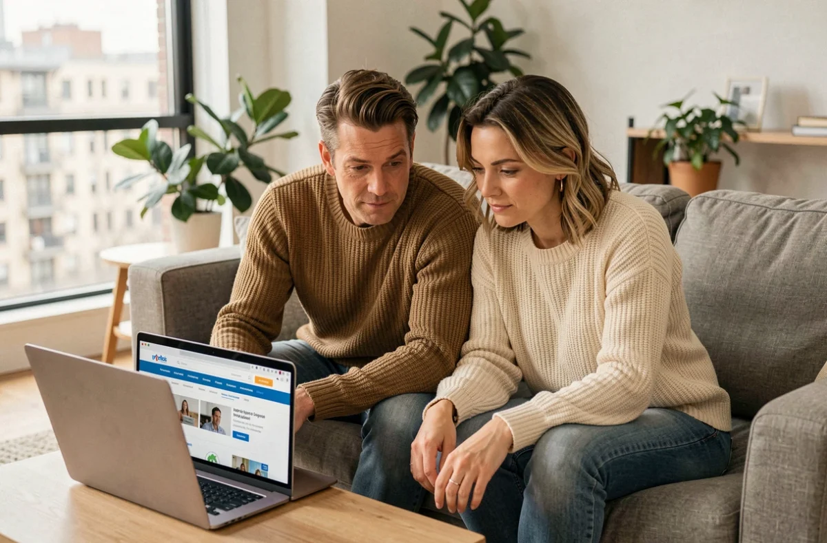 Couple qui compare des offres d'assurance emprunteur sur un ordinateur portable à la maison