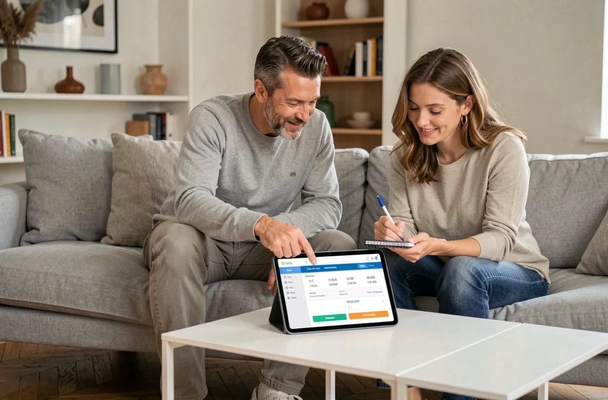 Couple comparant leurs contrats d'assurance sur une tablette dans leur salon