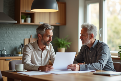 Couple confiant discutant de documents dans la cuisine