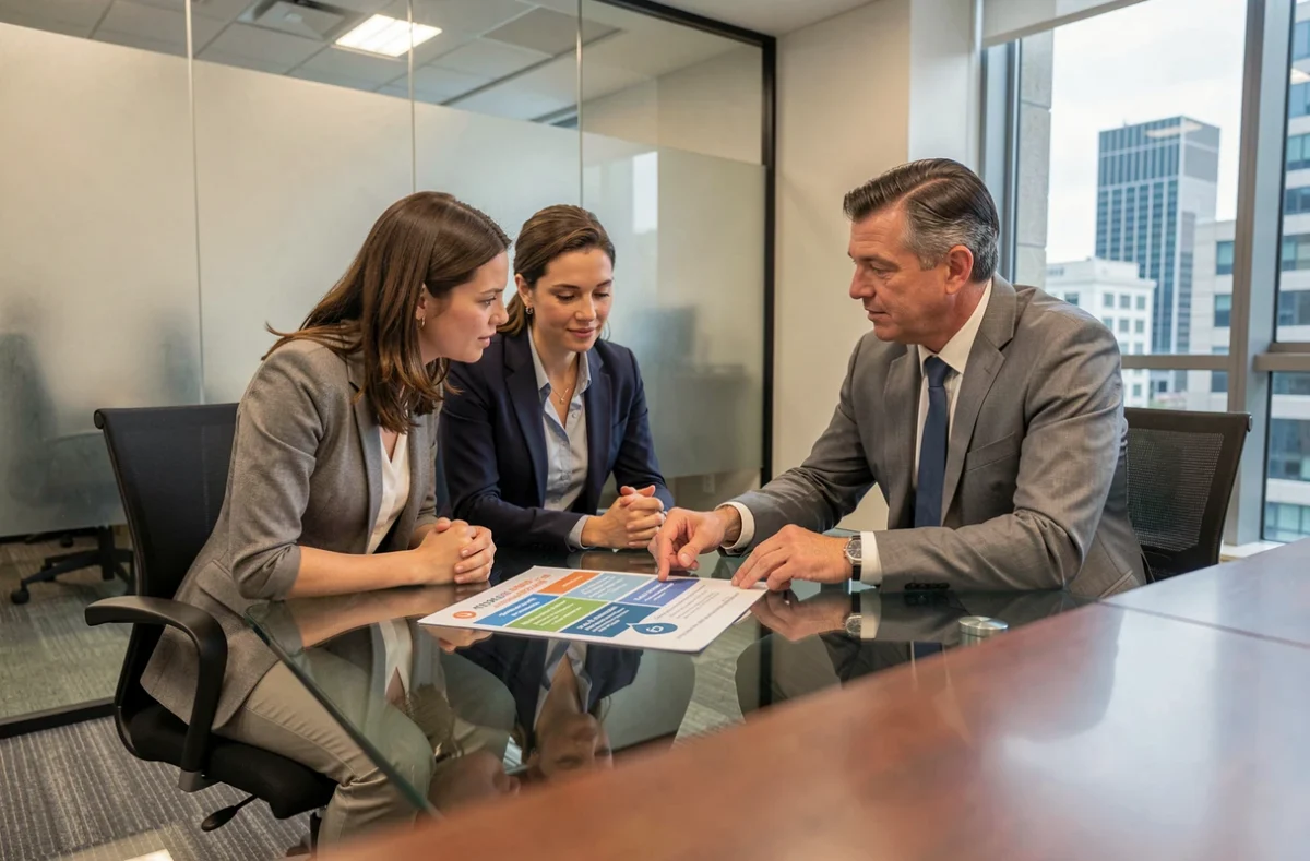 Couple en réunion avec un conseiller bancaire comparant des offres d'assurance emprunteur dans le cadre de la loi Hamon