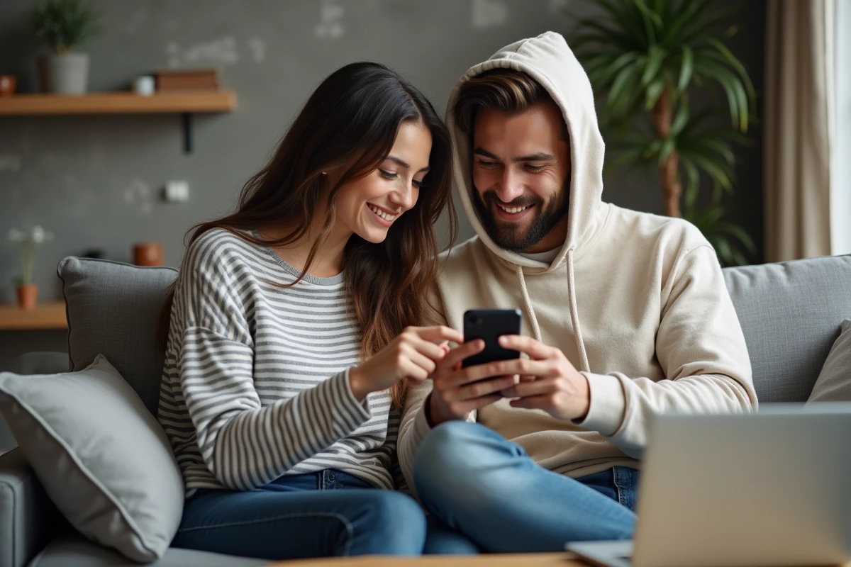 Couple consultant ensemble une facture Free sur smartphone dans un salon cosy