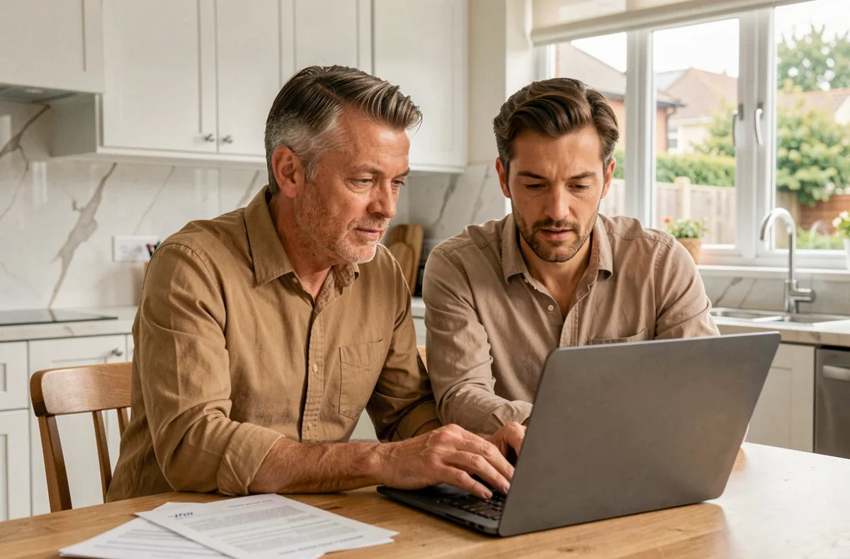 Couple étudiant un contrat d'assurance de prêt immobilier sans questionnaire médical sur ordinateur à domicile