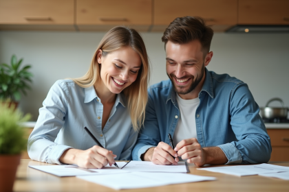 Couple souriant examinant des documents de prêt immobilier