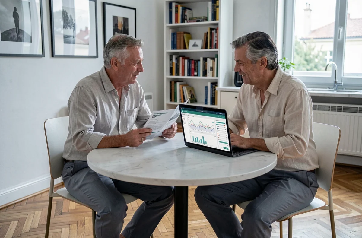 Couple de quinquagénaires étudiant une brochure de défiscalisation immobilière SCPI Malraux sur un ordinateur portable à domicile