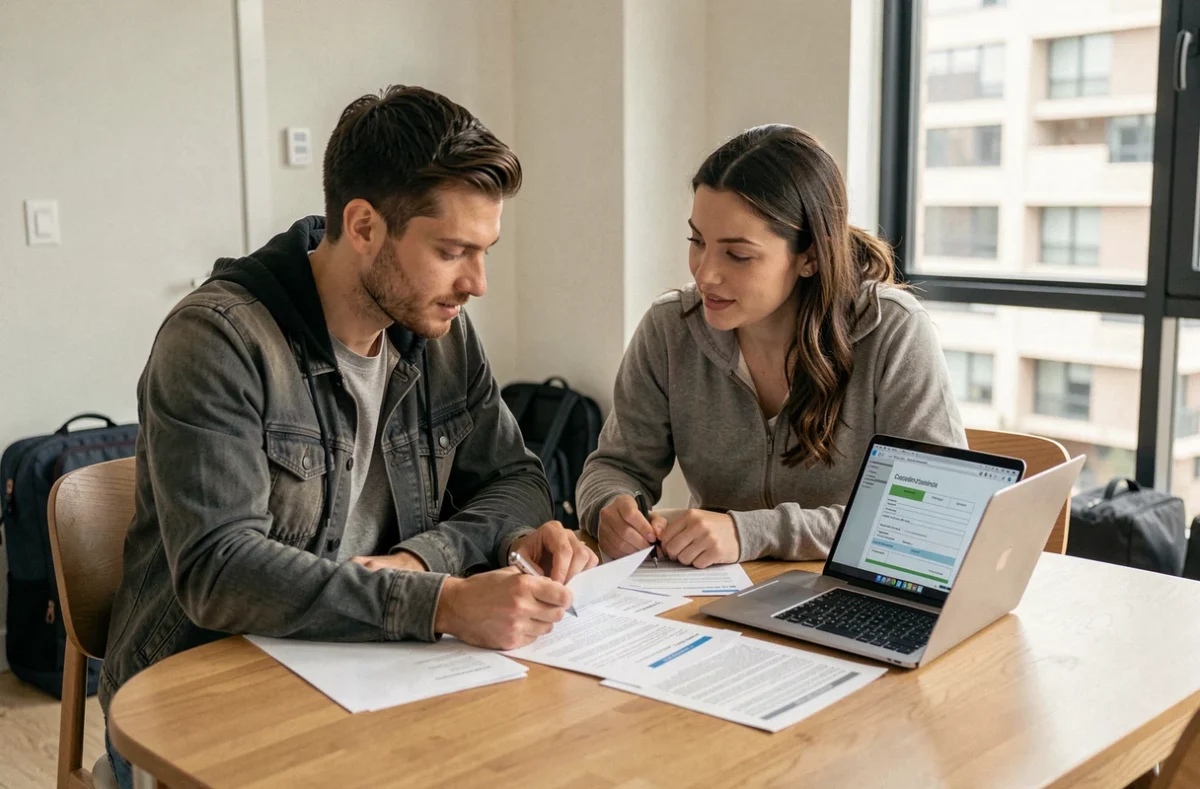 Couple examinant des documents de résiliation d'assurance habitation avant un déménagement dans leur appartement