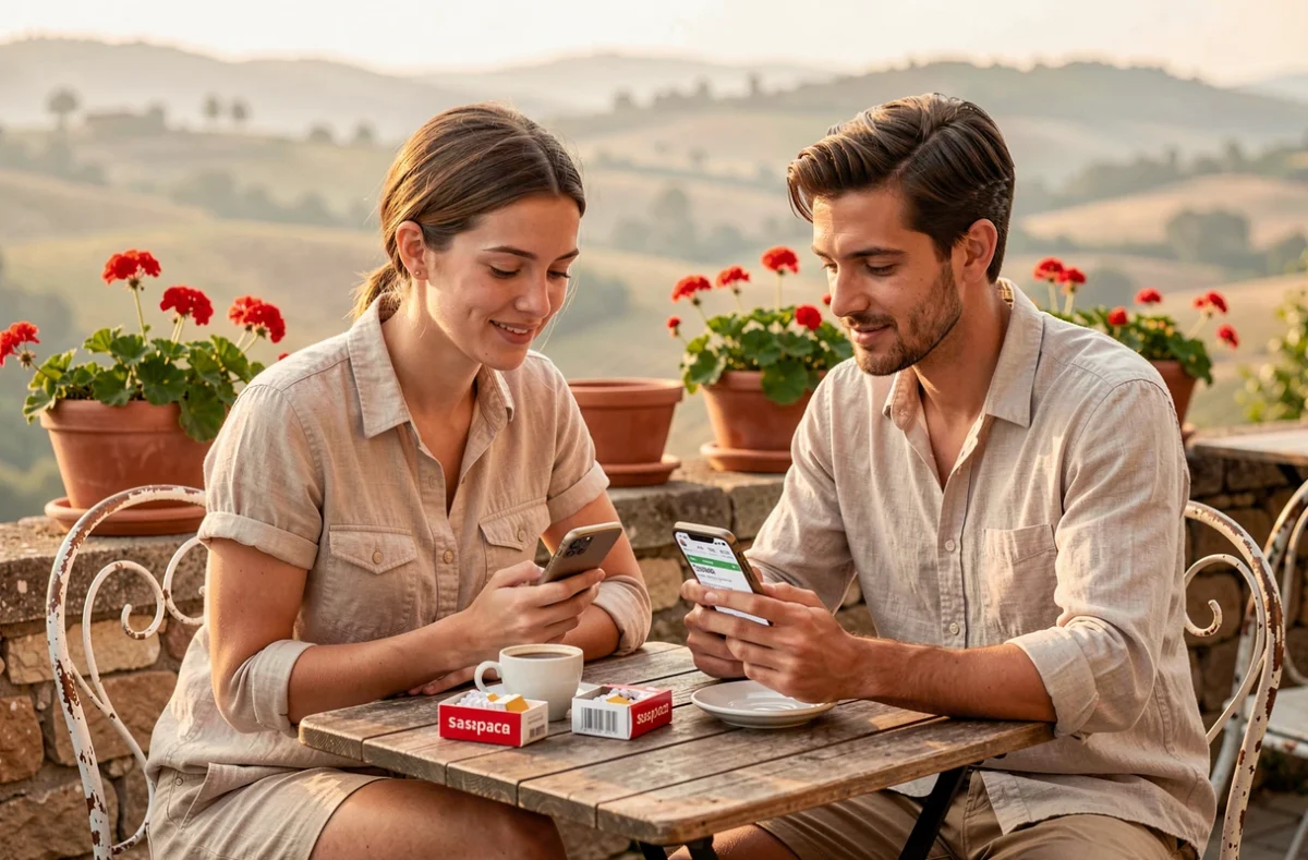 Couple français consultant les prix du tabac espagnol sur smartphone depuis une terrasse de café en Espagne