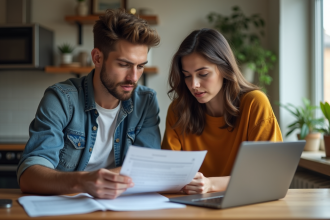 Jeune couple étudiant un relevé de mortgage dans un appartement moderne