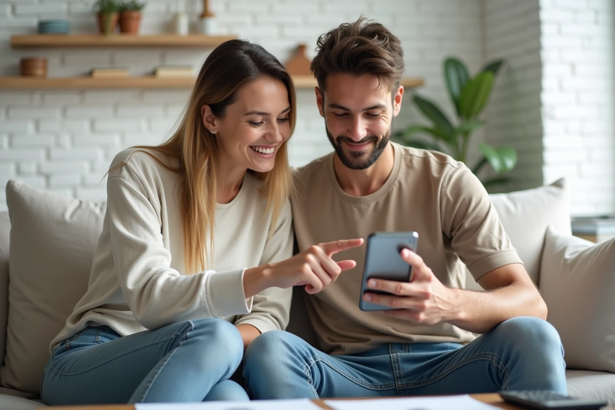 Couple consultant une projection d'épargne sur smartphone pour optimiser leur livret A dans leur salon