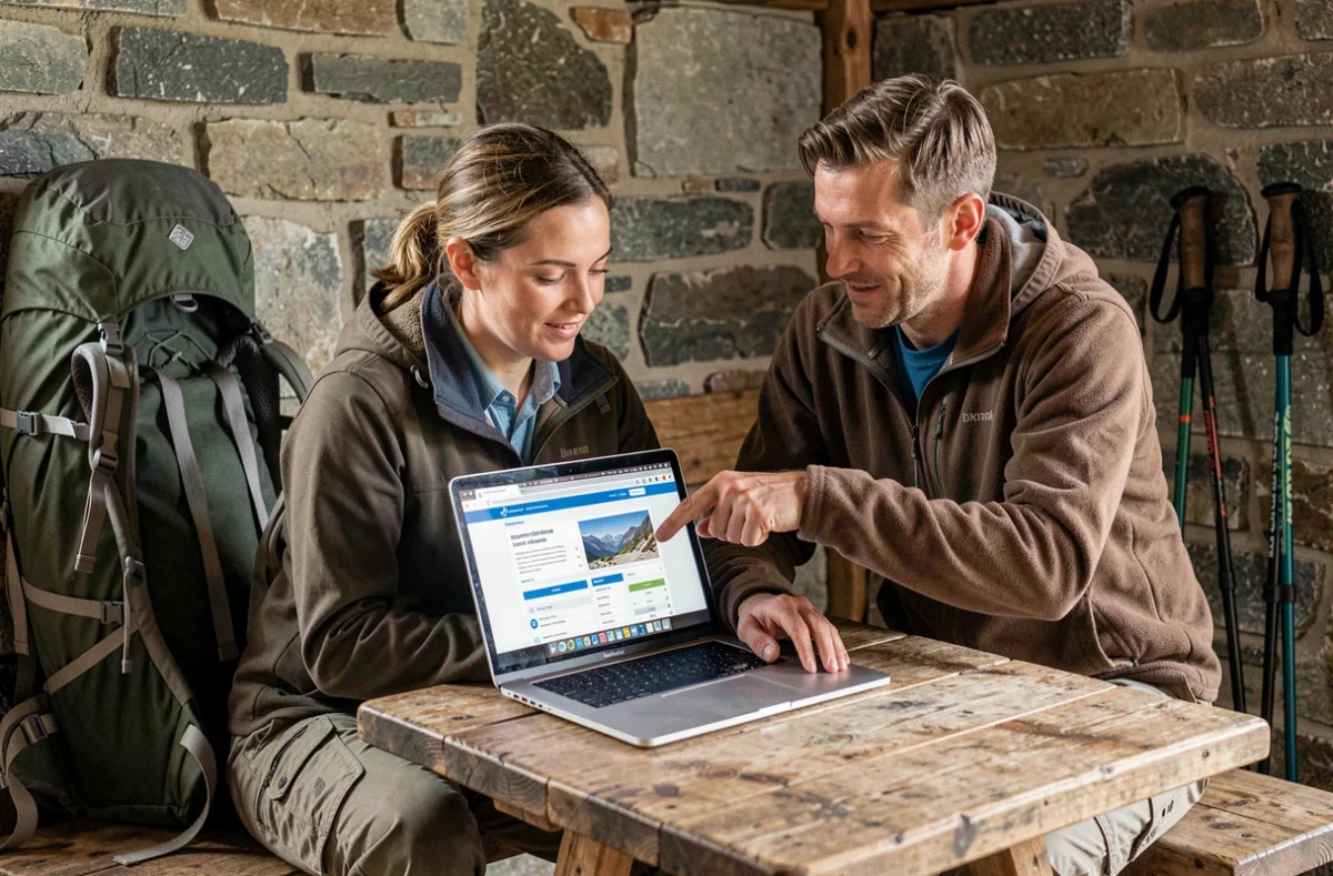 Couple de randonneurs comparant des offres d'assurance voyage sur un ordinateur dans un refuge de montagne