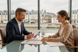 Courtier en crédit immobilier à Nantes conseillant un couple dans un bureau moderne avec vue sur la ville