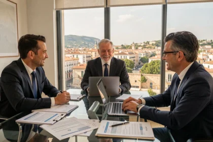 Courtiers en assurance dans l'Hérault discutant autour d'une table de réunion avec des documents d'assurance et vue sur Montpellier