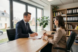 Courtier en assurance conseillant un couple dans un bureau professionnel en Seine-et-Marne
