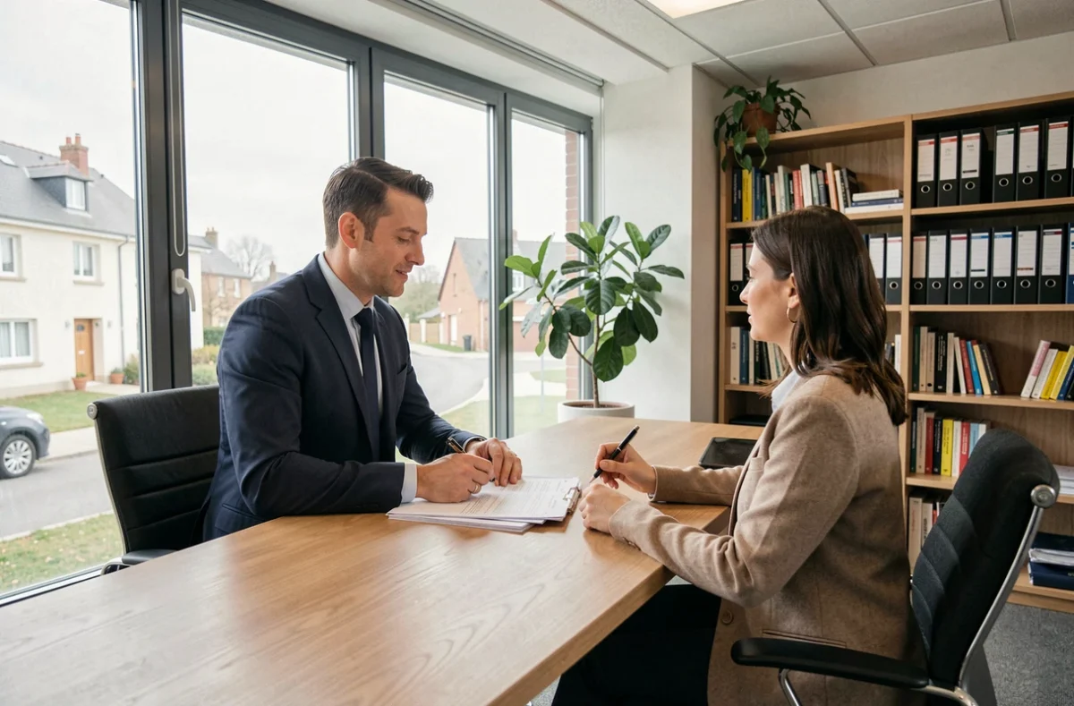 Courtier en assurance conseillant un couple dans un bureau professionnel en Seine-et-Marne