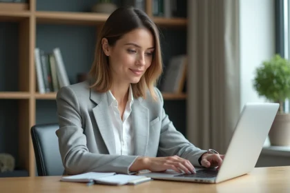 Femme professionnelle consultant une application de gestion financière Econozen sur son ordinateur portable dans un bureau minimaliste