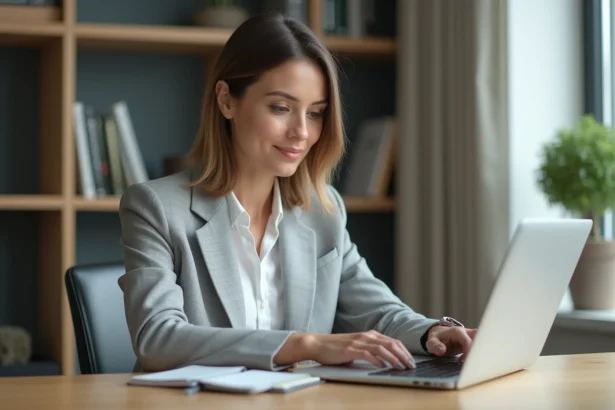 Femme professionnelle consultant une application de gestion financière Econozen sur son ordinateur portable dans un bureau minimaliste