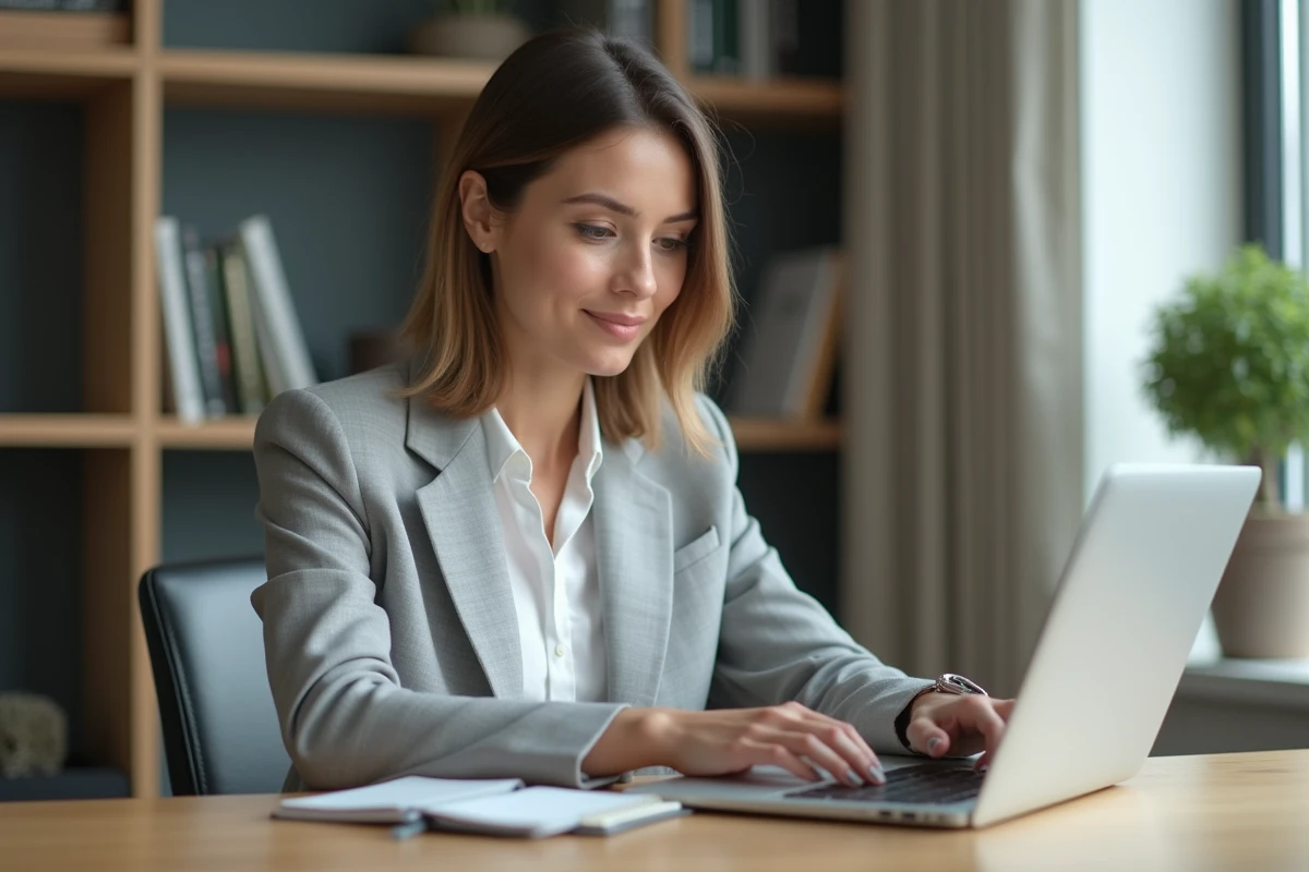 Femme professionnelle consultant une application de gestion financière Econozen sur son ordinateur portable dans un bureau minimaliste