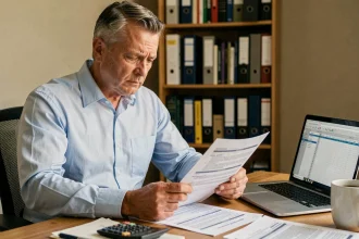 Homme consultant des documents fiscaux sur son bureau à domicile pour déclarer ses revenus soumis au barème de l'impôt