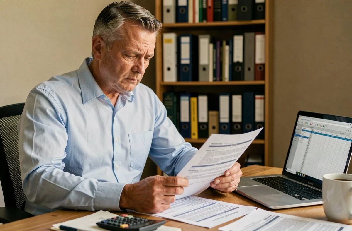Homme consultant des documents fiscaux sur son bureau à domicile pour déclarer ses revenus soumis au barème de l'impôt