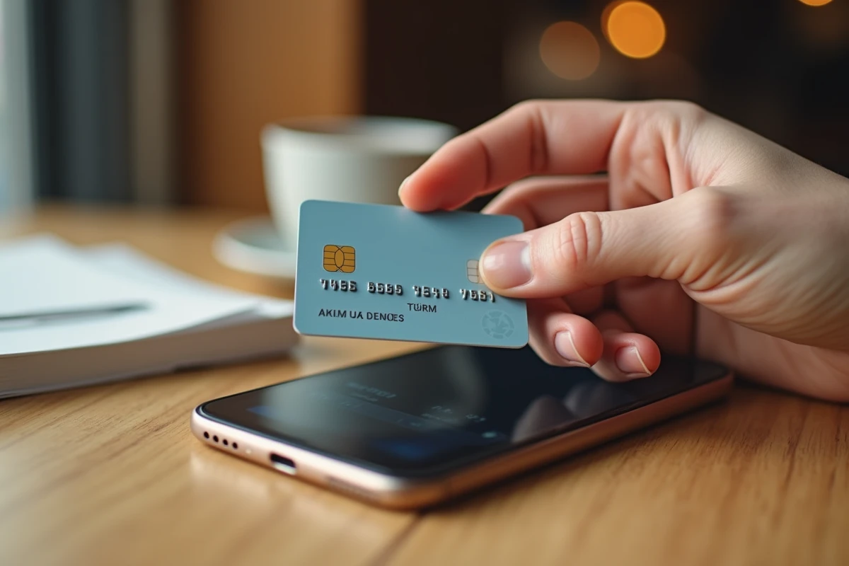 Gros plan d'une main tenant une carte bancaire au-dessus d'un smartphone affichant les options d'activation Hello bank